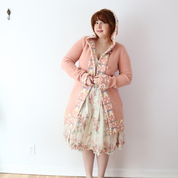 Thursday Island Pastel Pink Sweater Coat with Geometric Trim Winter Spring - Picture 4 of 9